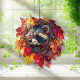 Raccoon Acrylic Suncatcher, Stained Glass Style Autumn Leaves Wreath with Cute Raccoon Window Hanging, Woodland Animal Fall Home Décor Gift